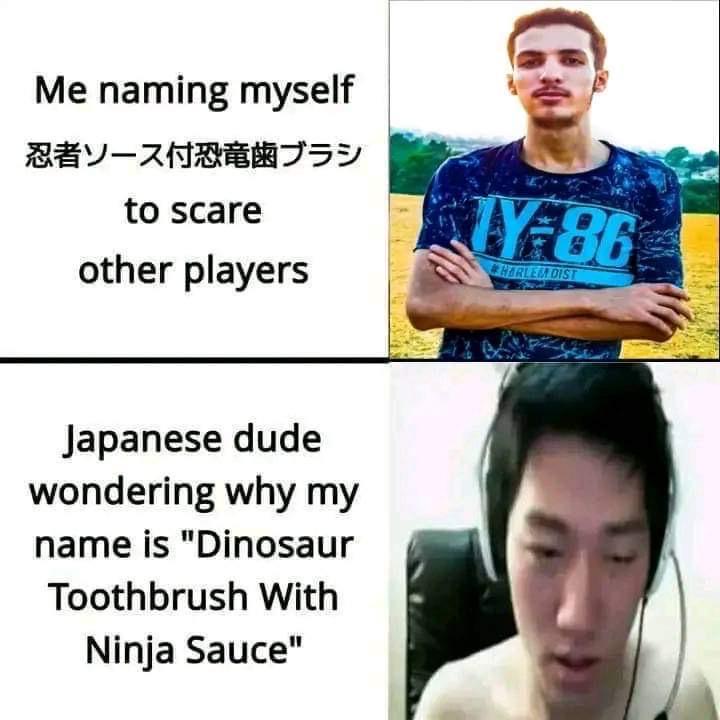 Me naming myself
忍者ソース付恐竜歯ブラシ
to scare
other players
Japanese dude
wondering why my
name is "Dinosaur
Toothbrush With
Ninja Sauce"
IY-86
HARLEM DIST