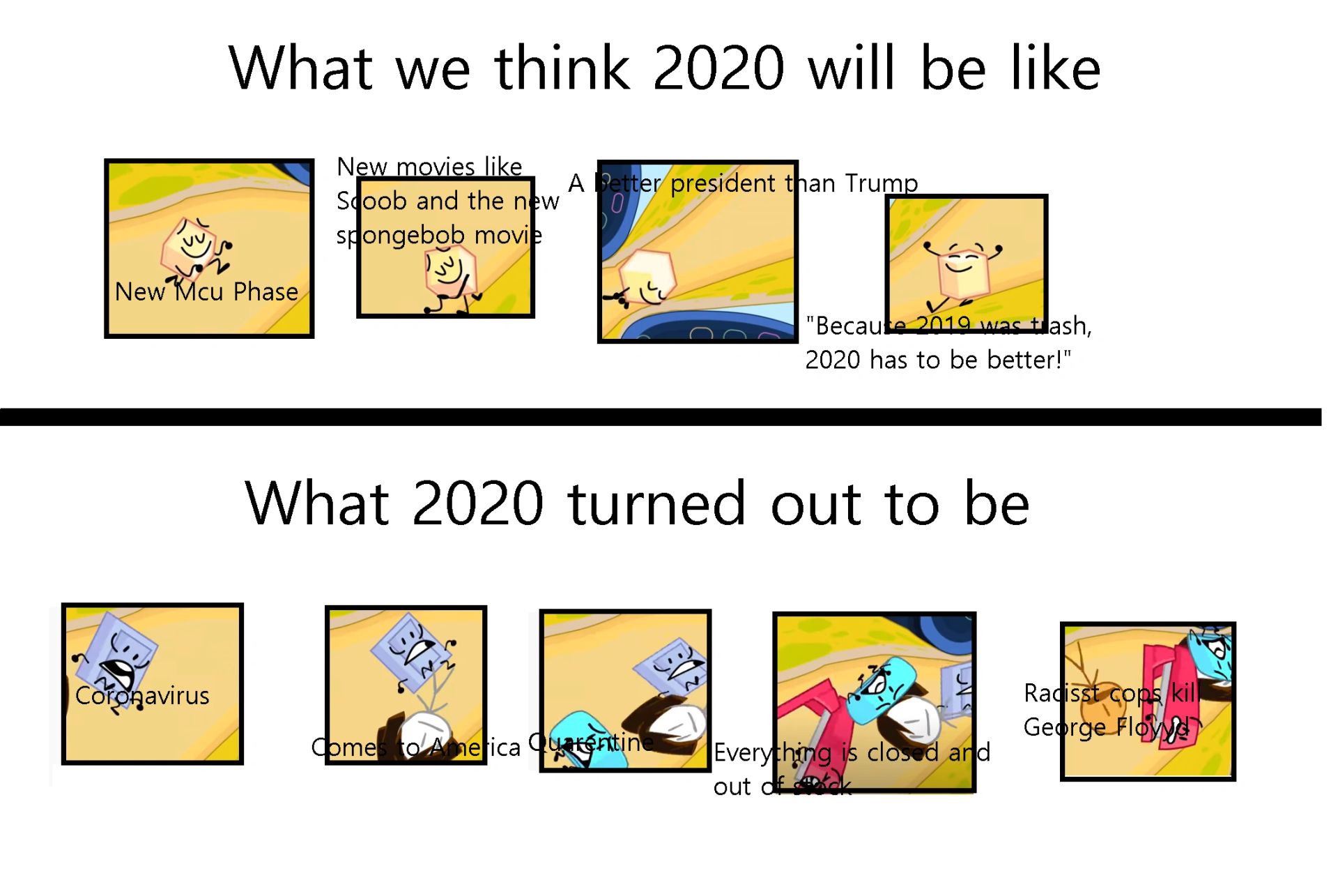 What we think 2020 will be like
New movies like
Scoob and the new
spongebob movie
New Mcu Phase
Coronavirus
A Better president than Trump
0
Be
What 2020 turned out to be
"Becaute 20
was tlash,
2020 has to be better!"
Comes to America Quatenti
entin
Everything is closed and
out of
Radisst cops kil
George Floyd