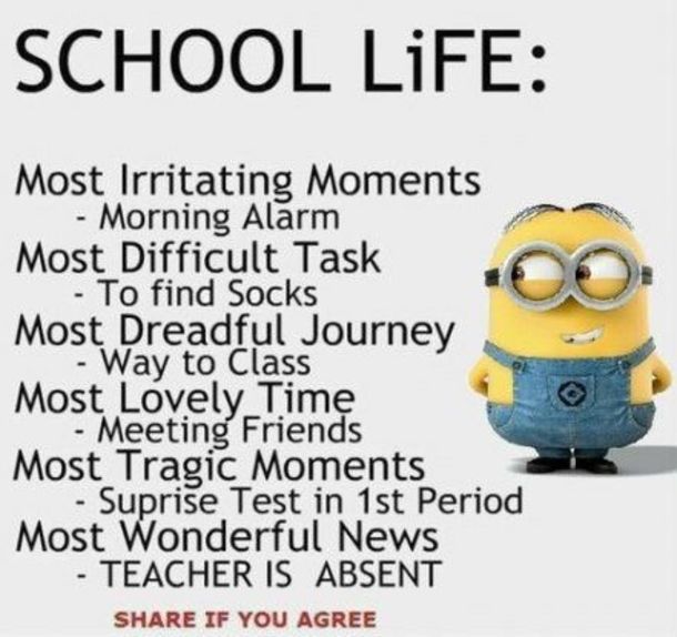 SCHOOL LIFE:
Most Irritating Moments
- Morning Alarm
Most Difficult Task
To find Socks
Most Dreadful Journey
Way to Class
Most Lovely Time
- Meeting Friends
Most Tragic Moments
- Suprise Test in 1st Period
Most Wonderful News
- TEACHER IS ABSENT
SHARE IF YOU AGREE