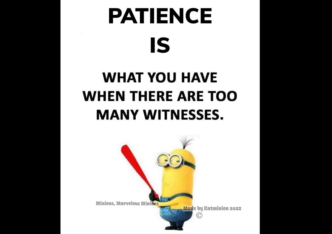 PATIENCE
IS
WHAT YOU HAVE
WHEN THERE ARE TOO
MANY WITNESSES.
CO
Minions, Marvelous Minions
Made by Katminion 2022