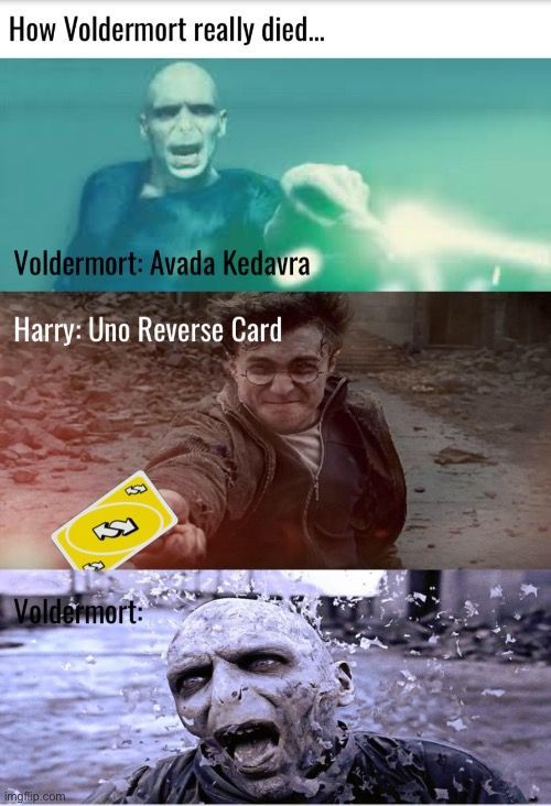 How Voldermort really died...
Voldermort: Avada Kedavra
Harry: Uno Reverse Card
Voldemort:
imgflip.com
