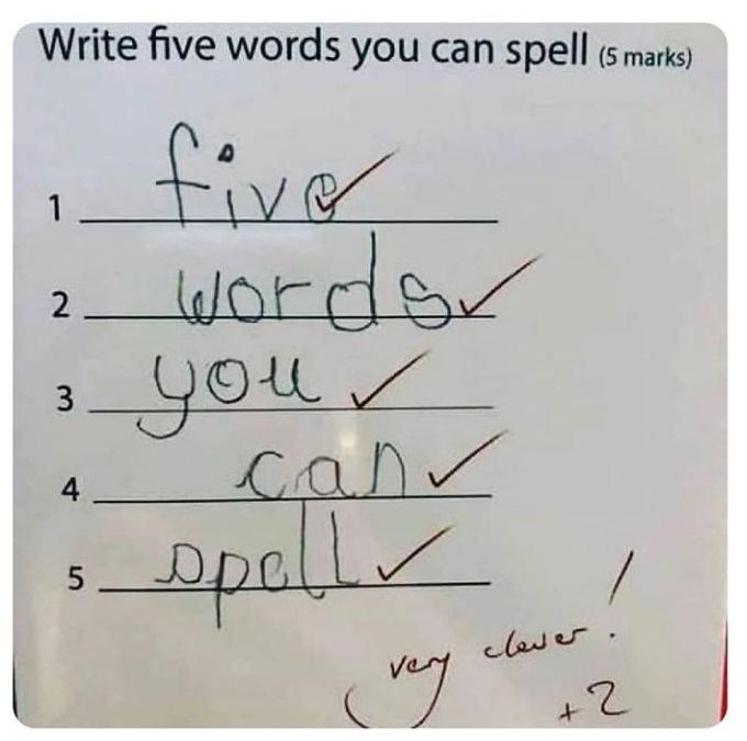 Write five words you can spell (5 marks)
five
worder
you ✓
can✓
L
spall
very
1
2
3
4
5
clever.
+2