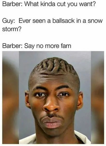 Barber: What kinda cut you want?
Guy: Ever seen a ballsack in a snow
storm?
Barber: Say no more fam