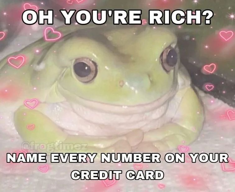 OH YOU'RE RICH?
@frogtimez
NAME EVERY NUMBER ON YOUR
CREDIT CARD