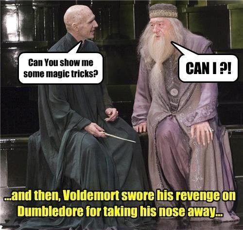 Can You show me
some magic tricks?
CAN I ?!
and then, Voldemort swore his revenge on
Dumbledore for taking his nose away....