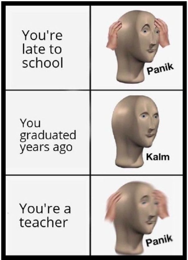 You're
late to
school
You
graduated
years ago
You're a
teacher
Panik
Kalm
Panik