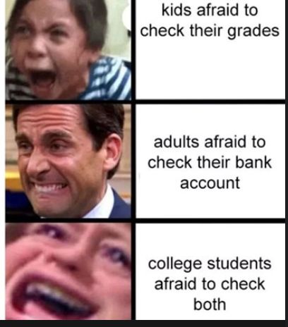 kids afraid to
check their grades
adults afraid to
check their bank
account
college students
afraid to check
both