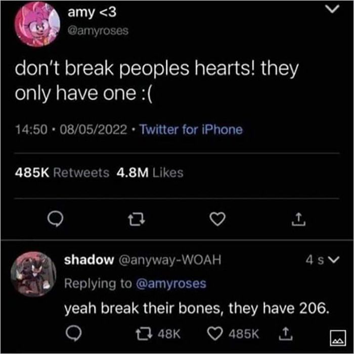 amy <3
@amyroses
don't break peoples hearts! they
only have one :(
14:50 08/05/2022. Twitter for iPhone
485K Retweets 4.8M Likes
Q
shadow @anyway-WOAH
Replying to @amyroses
yeah break their bones, they have 206.
48K
485K 1
4 sv