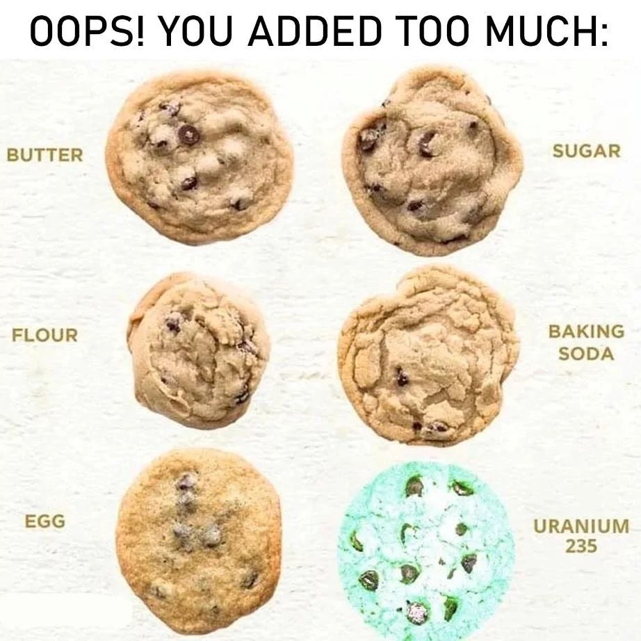 OOPS! YOU ADDED TOO MUCH:
BUTTER
FLOUR
EGG
SUGAR
BAKING
SODA
URANIUM
235