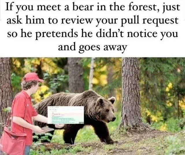 If you meet a bear in the forest, just
ask him to review your pull request
so he pretends he didn't notice you
and goes away
