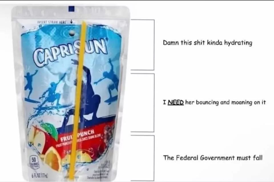INSERT STRAW HERE
CAPRIS UN
50
6 FL
FRUI PUNCH
FRAT PUNCH DANCE DIN BLO
Damn this shit kinda hydrating
I NEED her bouncing and moaning on it
The Federal Government must fall